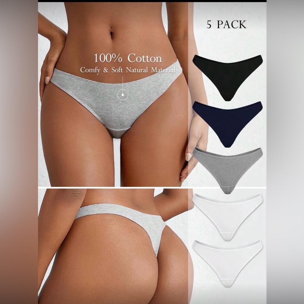 Cotton Thong Panties Set - Black, Navy, Gray, White